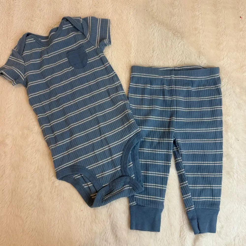 Carter’s Baby Boy 6 months Outfit Pants Bodysuit Blue Stripe Ribbed